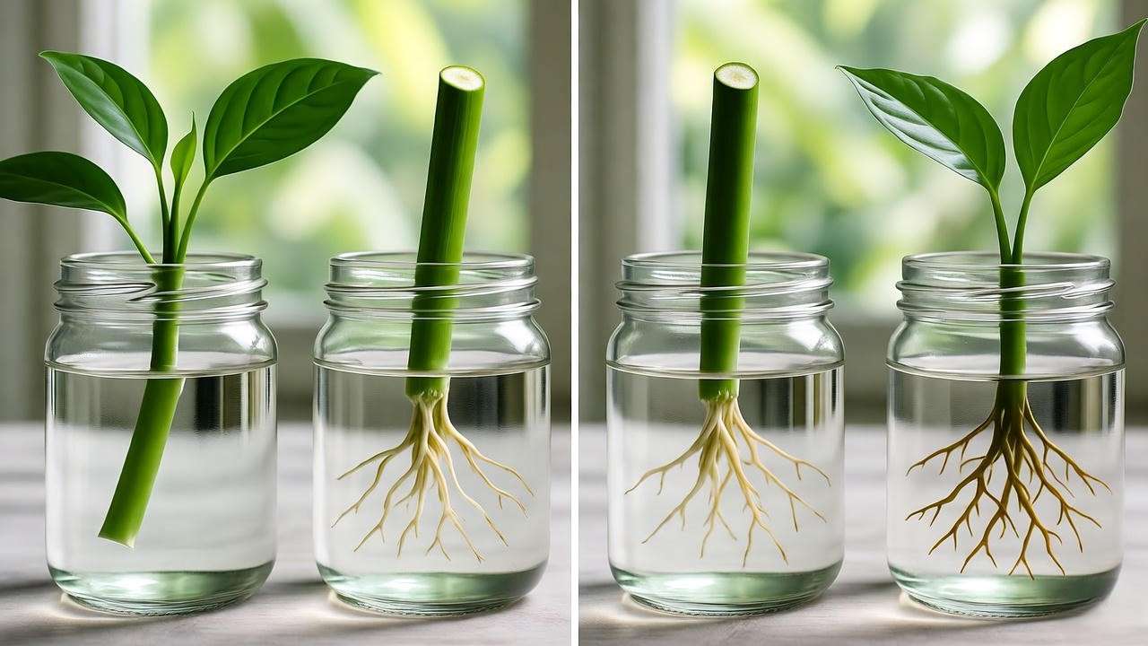 Step-by-step propagation of Painted Lady plant with stem cutting in water showing root growth."