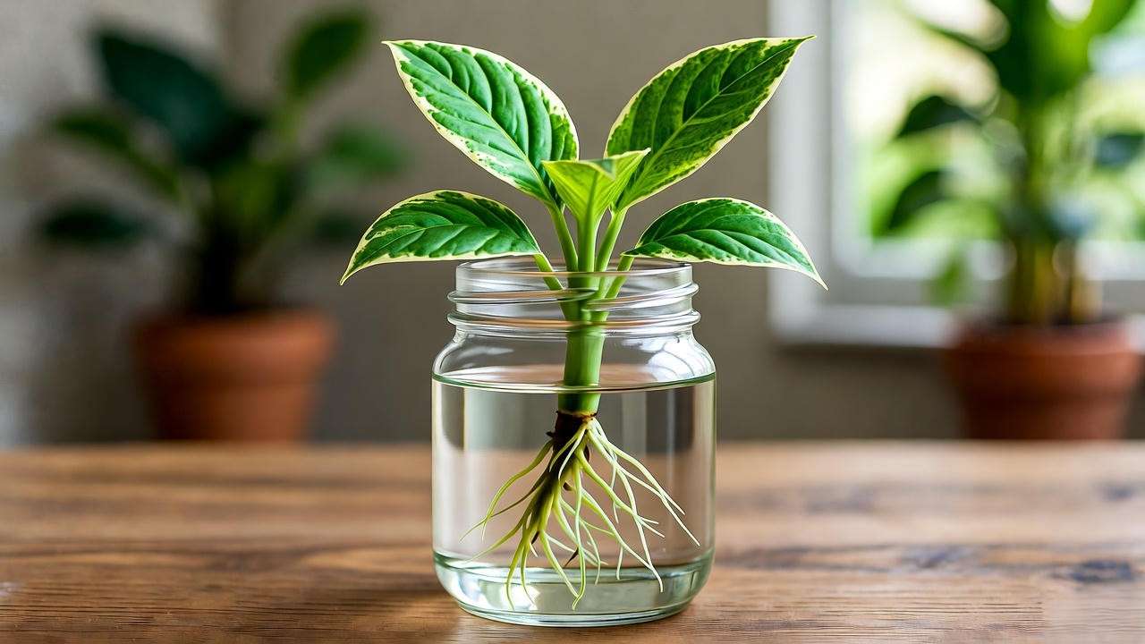 Water propagation setup for black pagoda lipstick plant cutting with emerging roots".