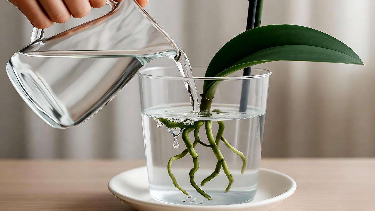 Step-by-step orchid watering process with water pouring and draining from a clear pot, ensuring proper care".
