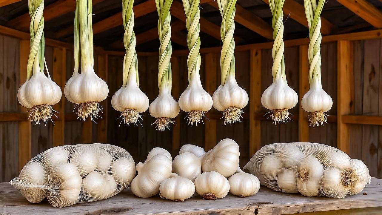 Braided softneck garlic and mesh bags of hardneck garlic curing in a ventilated shed".