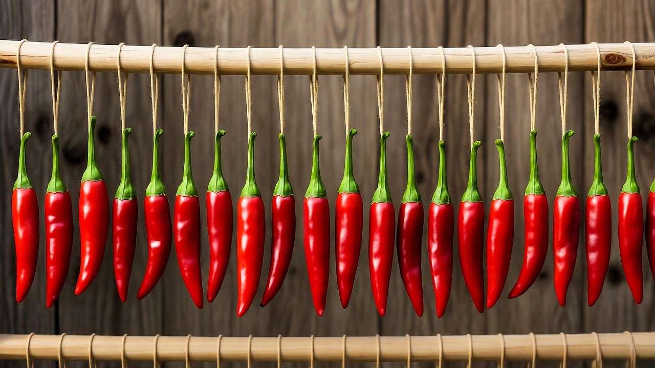 Drying rack with red Thai chilies in a rustic kitchen setting."