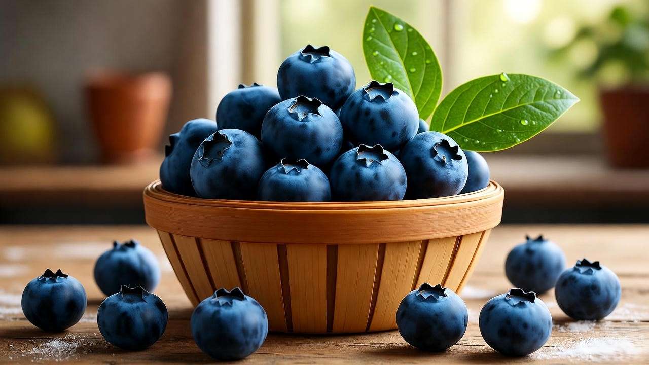 Freshly harvested Brightwell blueberries in a basket on a kitchen counter."