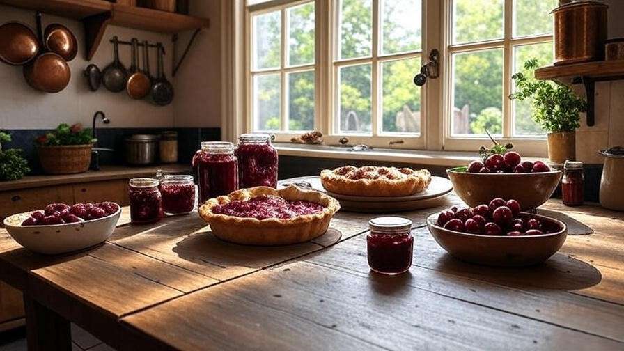 Rustic kitchen table with cherry jam, pie, and fresh cherries."
