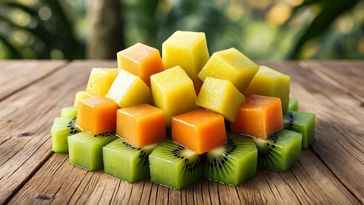 Tropical fruit salad with yellow dragon fruit, mango, and kiwi on a wooden table."