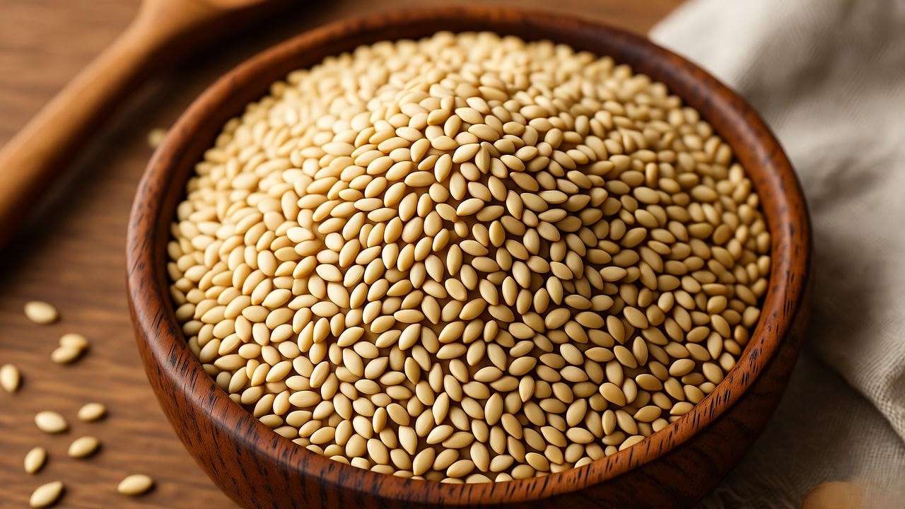 Wooden bowl of freshly toasted sesame seed plant seeds on a rustic kitchen surface with a wooden spoon.