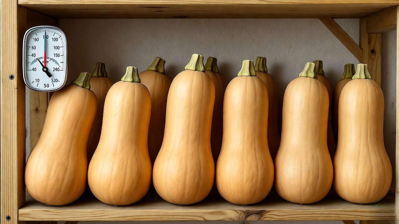 Butternut squashes stored on shelves with thermometer in a cool dry area."