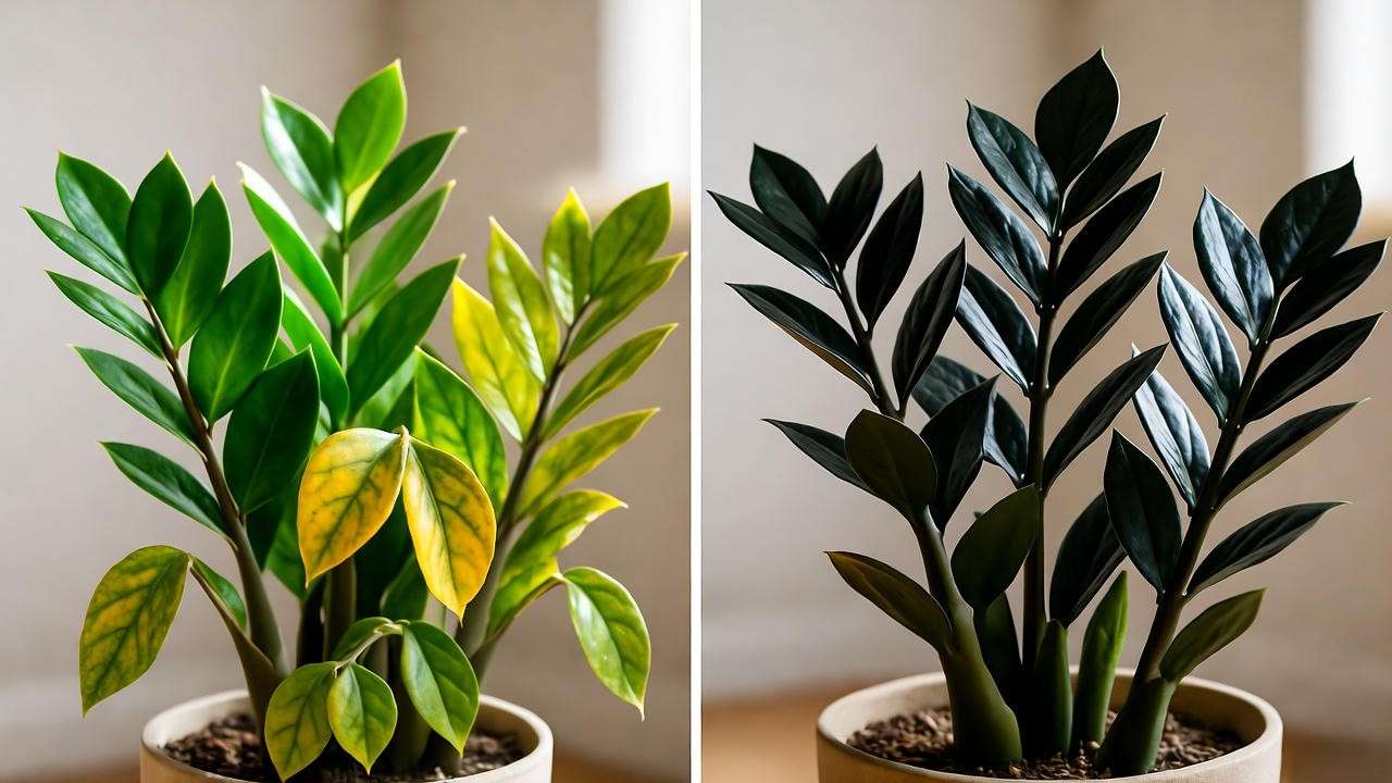 "Before and after revival of a Raven Zz Plant from wilting to healthy."