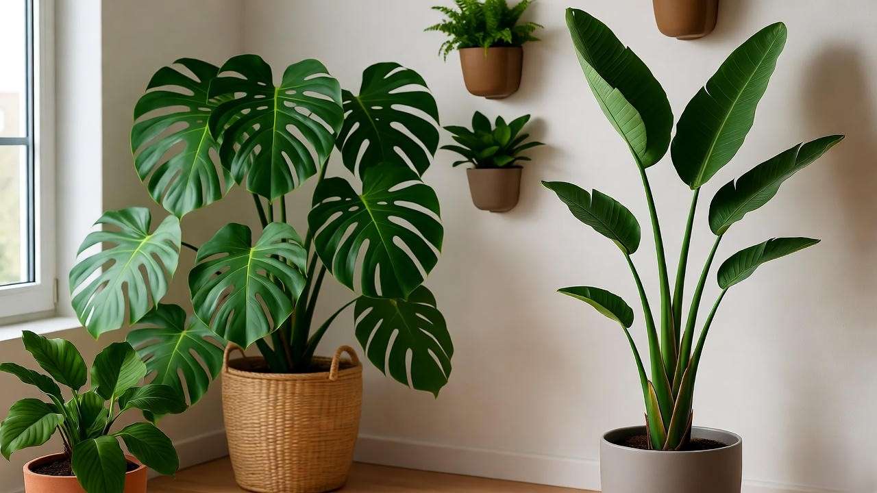 Modern living room styled with Monstera and Bird of Paradise in boho and minimalist decor."