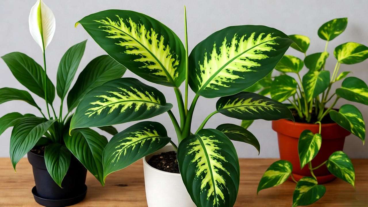 Cozy indoor setup with Dieffenbachia Reflector plant in a white pot, styled with peace lilies and pothos near a window".