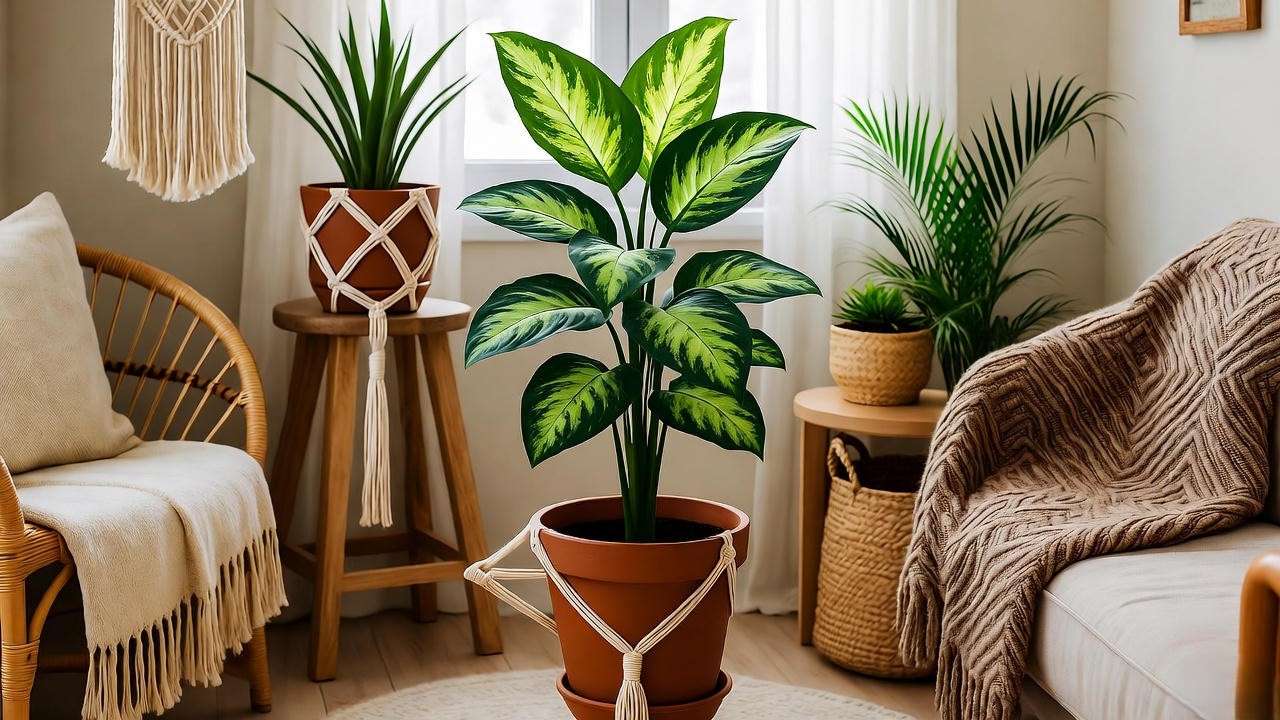 Boho-styled faux ficus plant near window with macramé and throws for tropical decor".