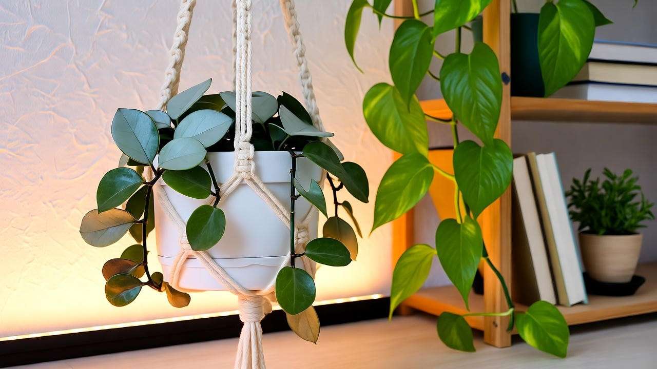 Bubble gum plant in macramé hanger with LED grow light and pothos companion