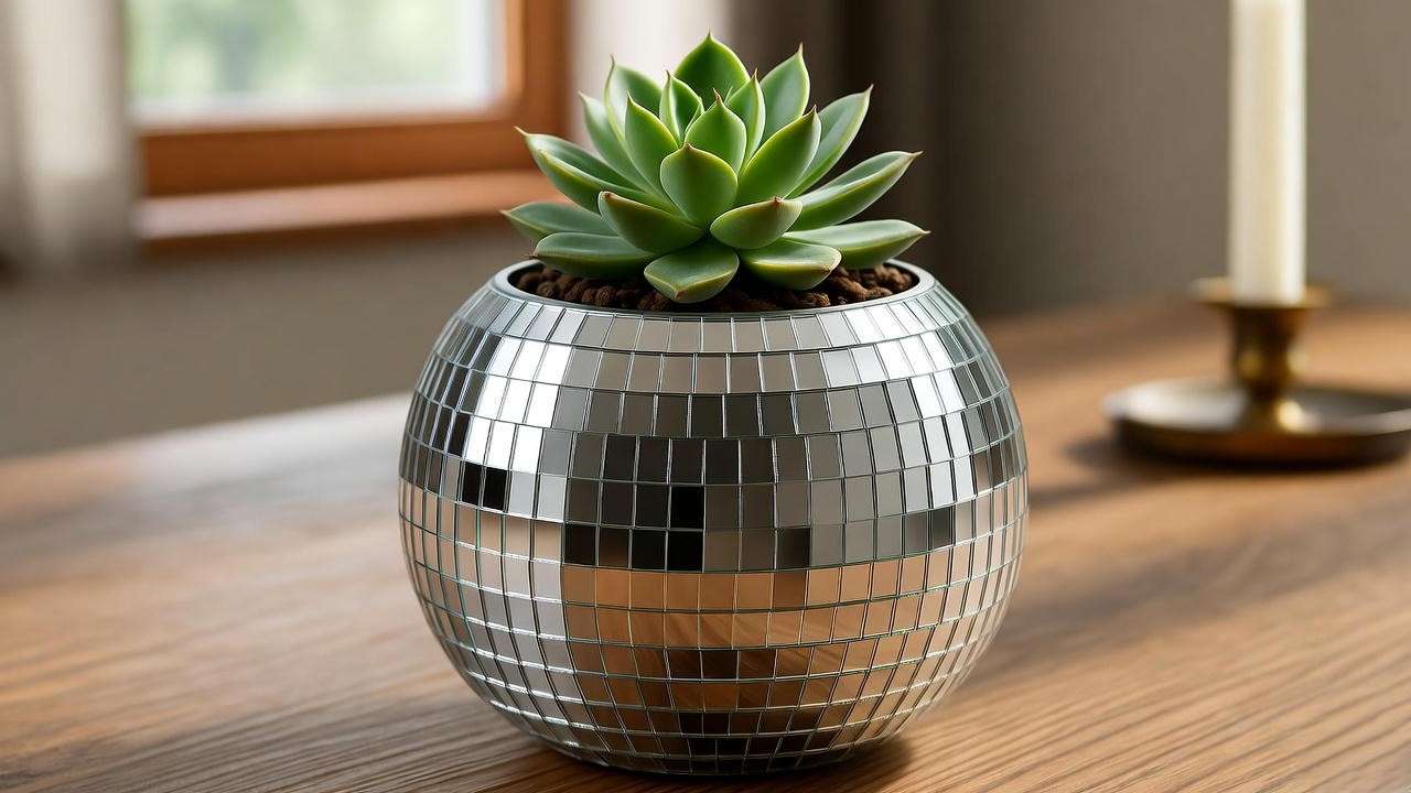 Tabletop disco ball planter with succulents, reflecting natural light near a window with minimalist decor on a wooden table."
