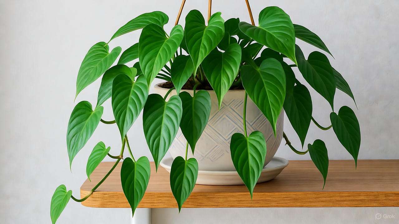 Dragon tail plant trailing from a hanging basket with modern indoor decor."