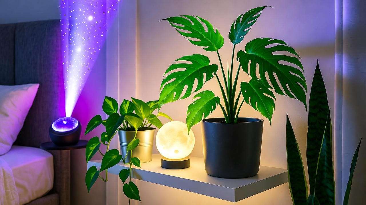 Galaxy Plant styled with nebula light and moon decor in bedroom