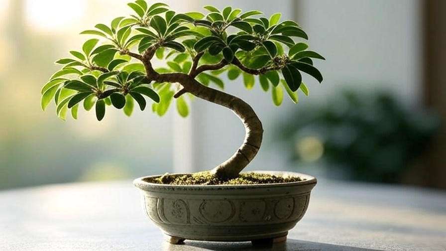 Schefflera bonsai tree with wiring shaping branches into an informal upright style."