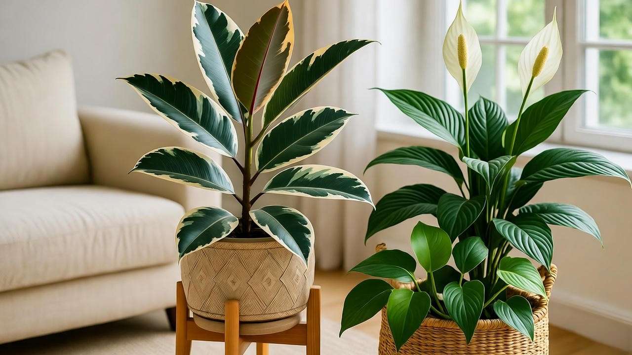 Stylish variegated rubber plant display with companion plants in a modern living room."