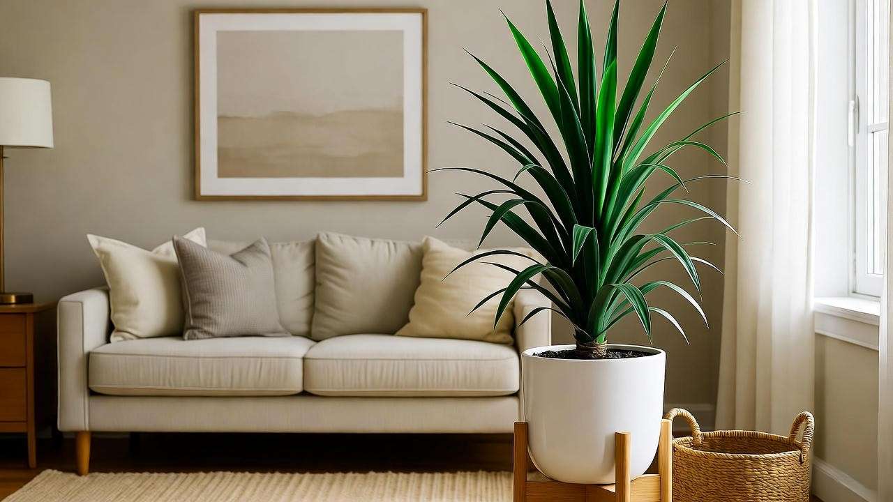 styled yucca cane plant in Scandinavian living room with white pot and wooden plant stand