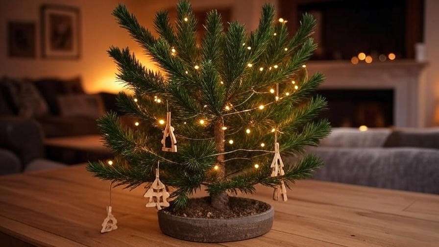 Potted pine tree styled as a centerpiece with ornaments in a cozy living room."