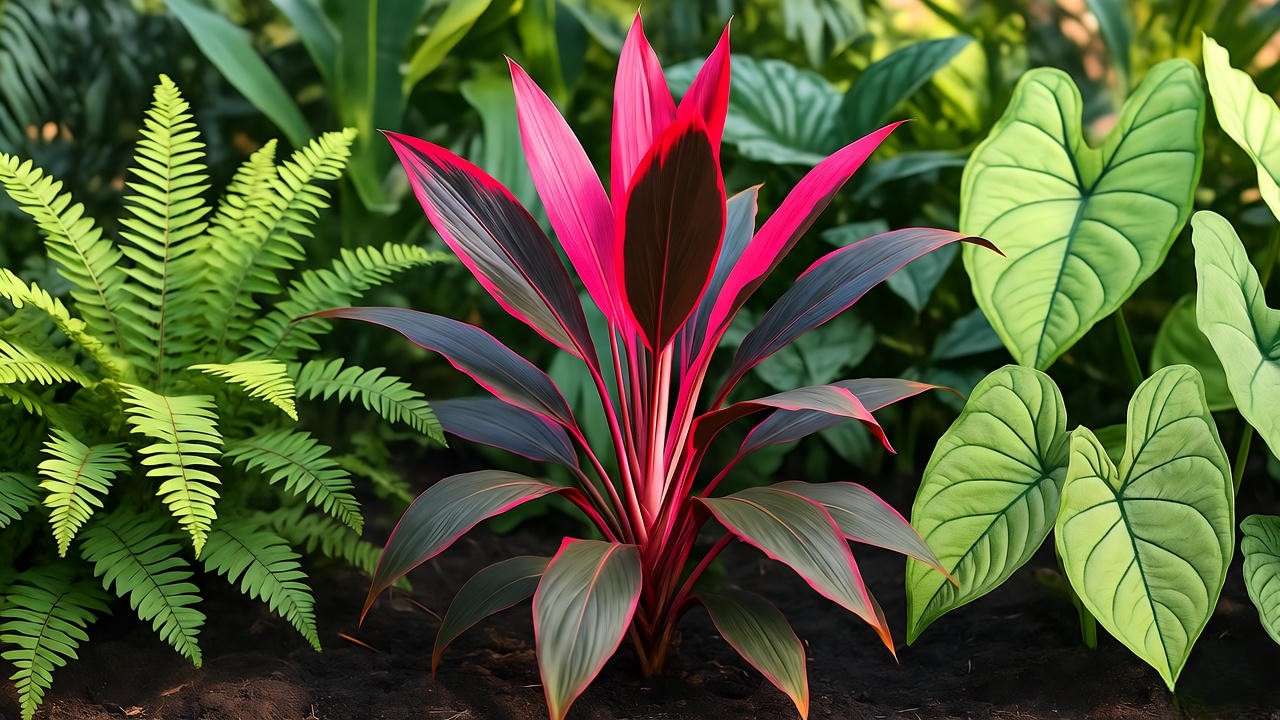 Red Sister Plant in a tropical outdoor garden with ferns and caladiums.