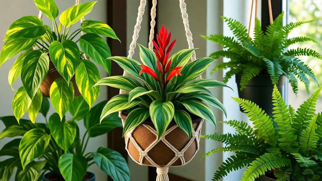 Stylish indoor display of black pagoda lipstick plant in macramé basket with tropical plants".