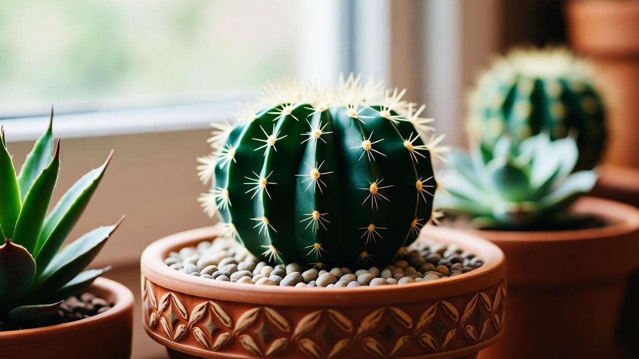 Vibrant green brain cactus in a decorative terracotta pot on a sunny windowsill with pebbles and succulents.