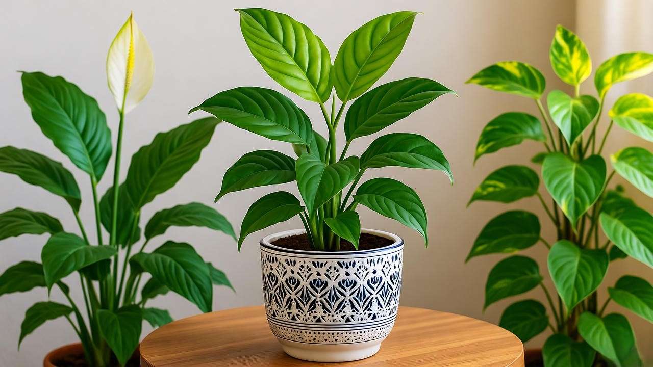 Stylish indoor setup with Fabian Aralia and companion plants".