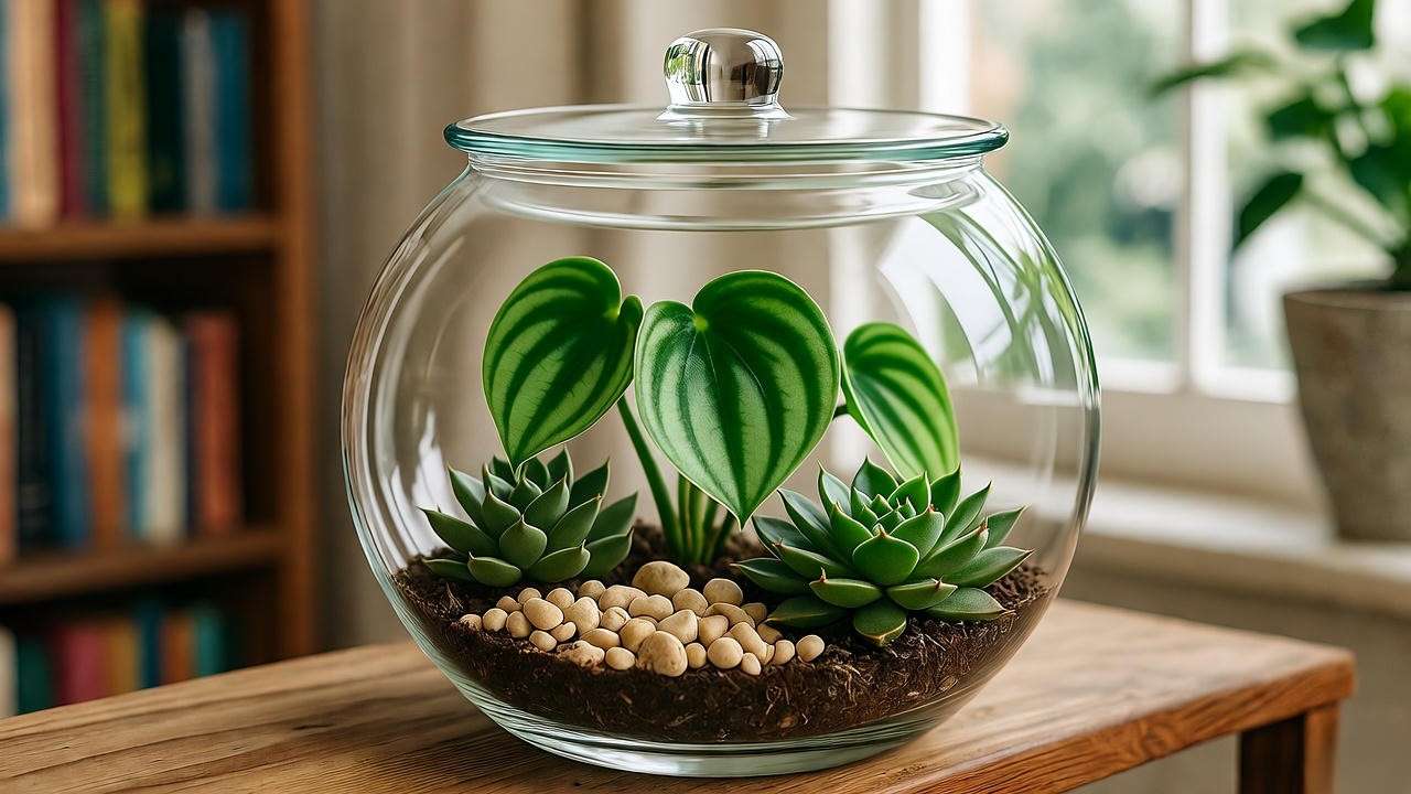 Stylish happy bean plant display in a glass terrarium with succulents on a wooden shelf.