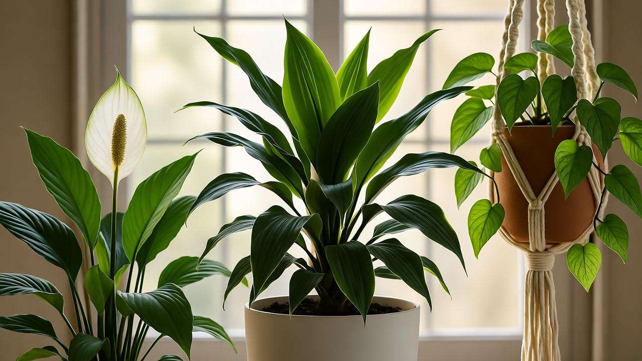 Stylish indoor setup with Janet Craig plant, peace lily, and pothos in a cozy corner".