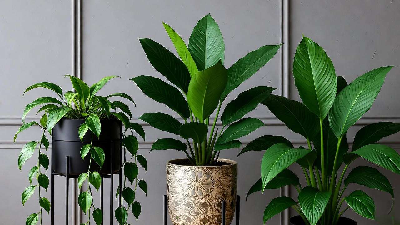Japa plant with peace lily and pothos in a stylish living room."