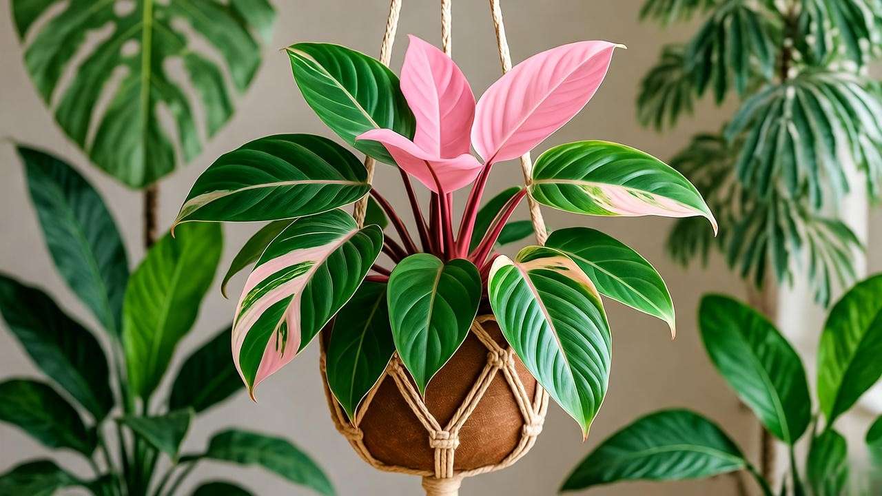 Pink Panther Plant in a hanging macramé pot with tropical plants in a cozy living room".
