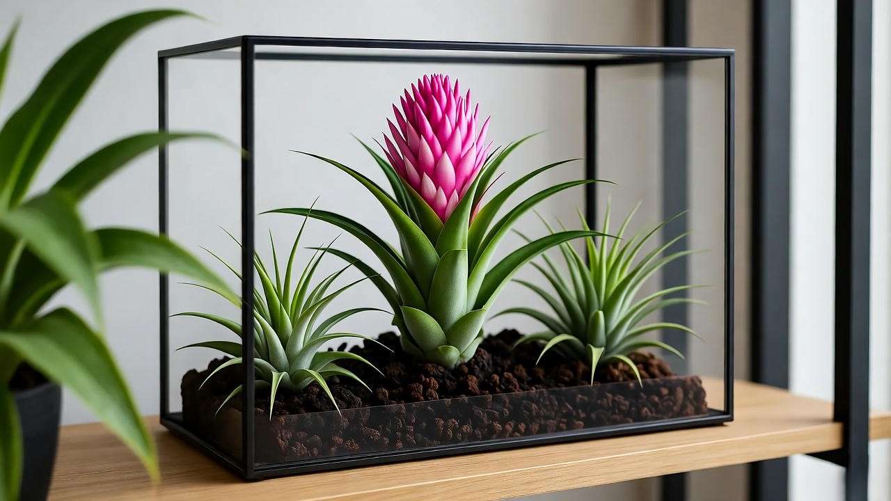Cyanea air plant in a glass terrarium with other air plants on a wooden shelf."
