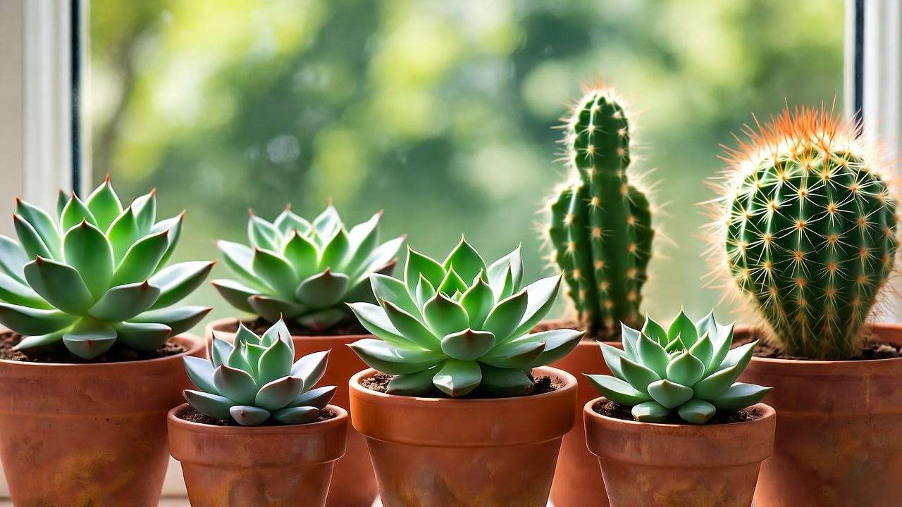 Healthy succulents and cacti in well-draining pots under bright indirect sunlight".