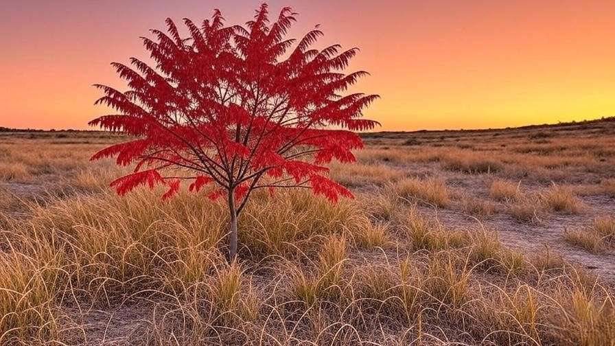 Fiery red foliage of a Sumac tree with native grasses at sunset.