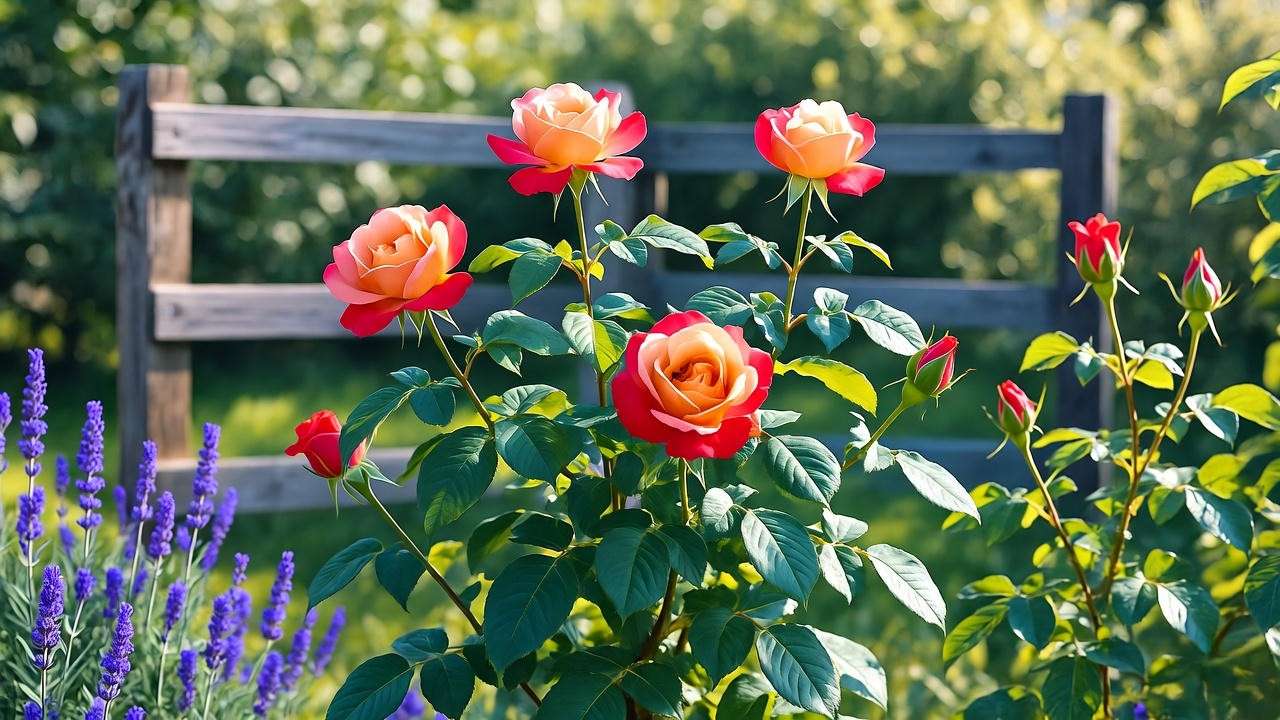 Joseph's Coat rose plant blooming in summer with lavender companion plants and trellis.
