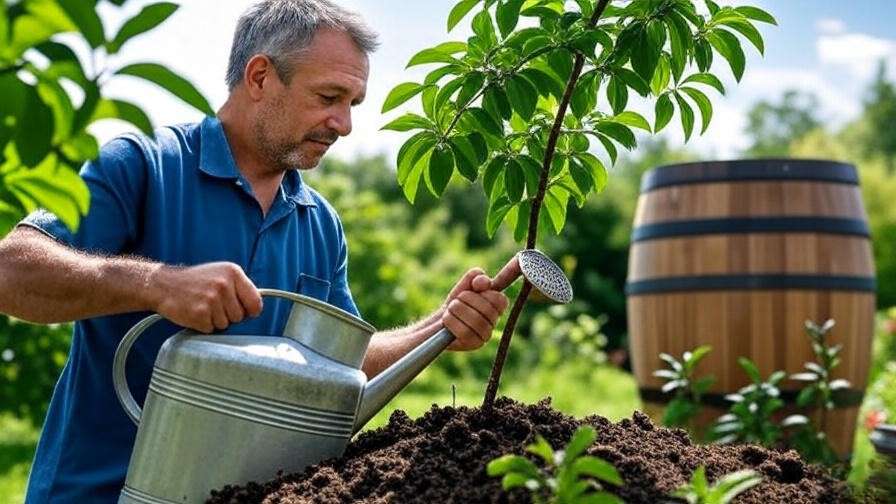 Gardener applying compost tea to cherry tree." 