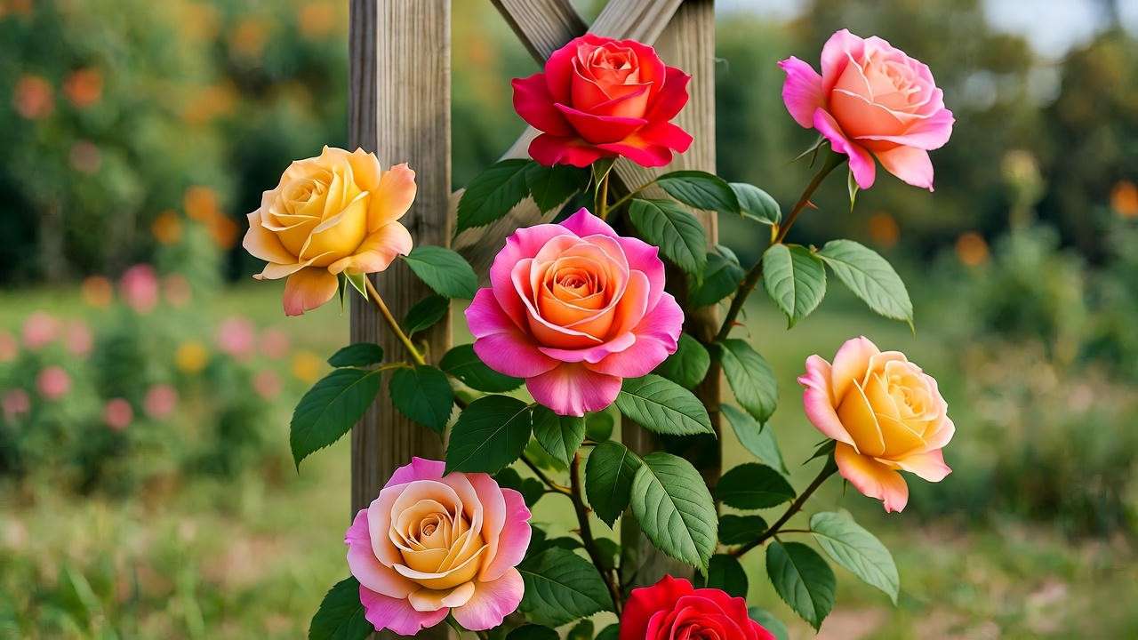 Joseph's Coat rose plant climbing a wooden trellis with vibrant multicolored blooms.