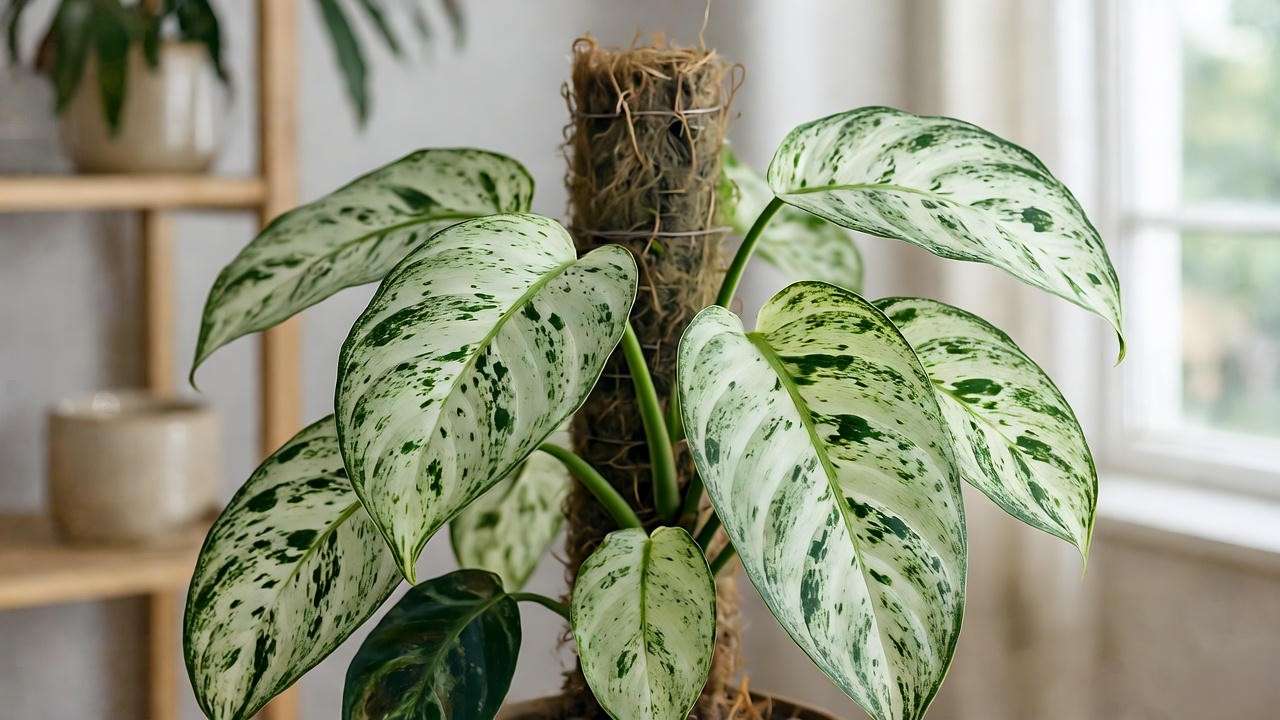 Close-up of a white princess plant with variegated leaves on a moss pole in a bright indoor setting.