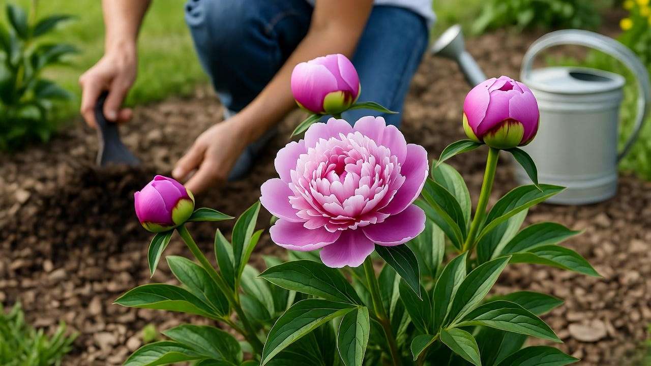 Mature peony plant with pink blooms and gardener applying mulch in garden".