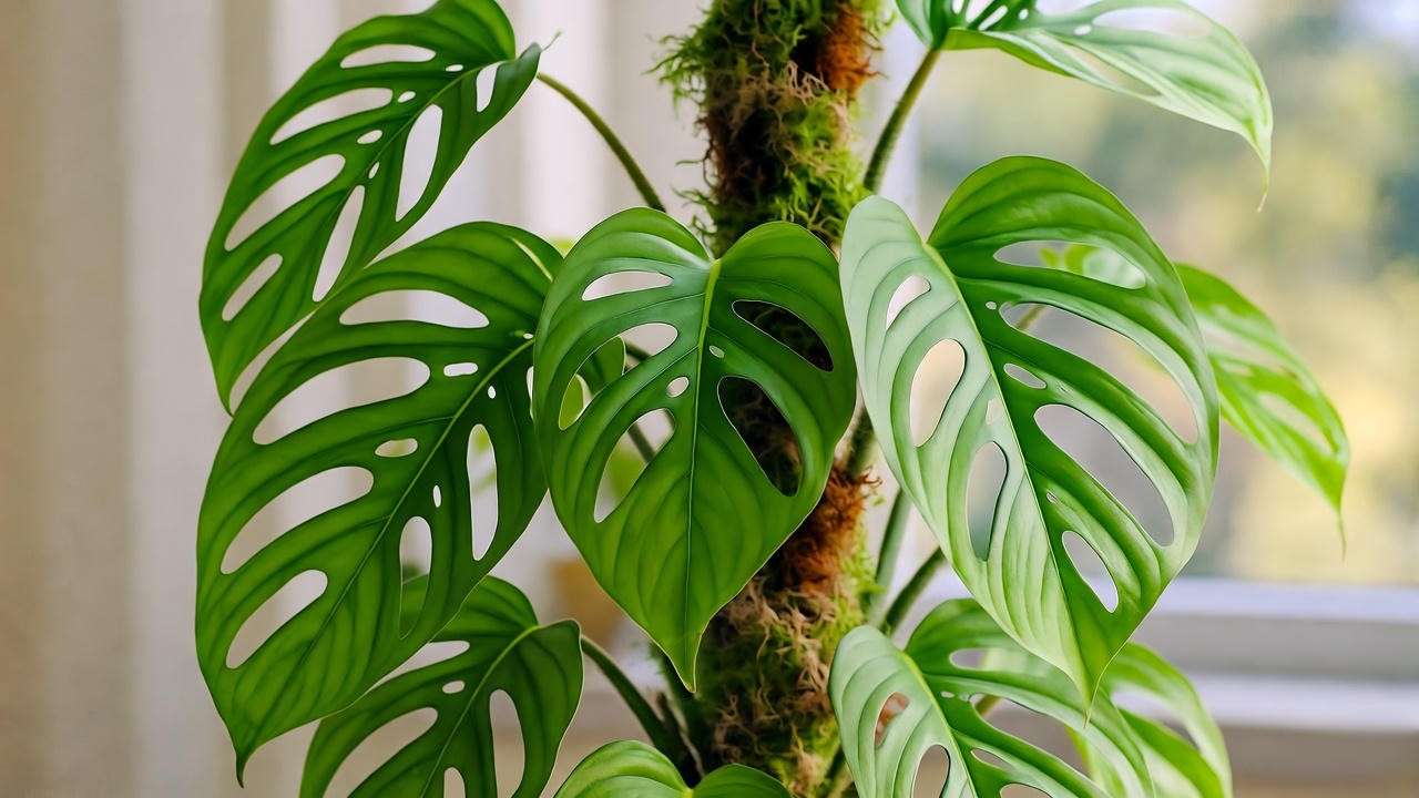 Dragon tail plant with fenestrated leaves climbing a moss pole in bright indoor light."