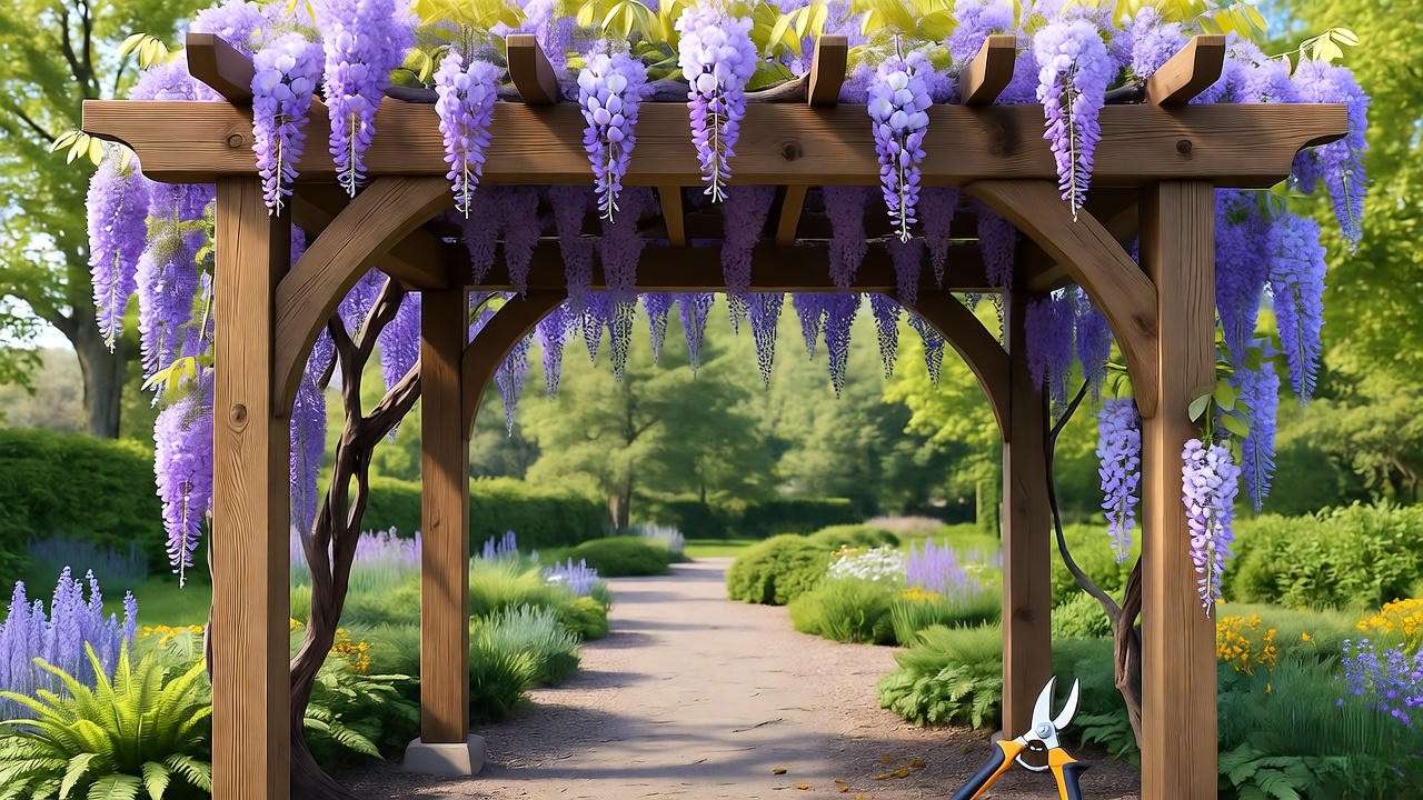 Wooden pergola with cascading wisteria blooms and gardening tools in a vibrant garden".
