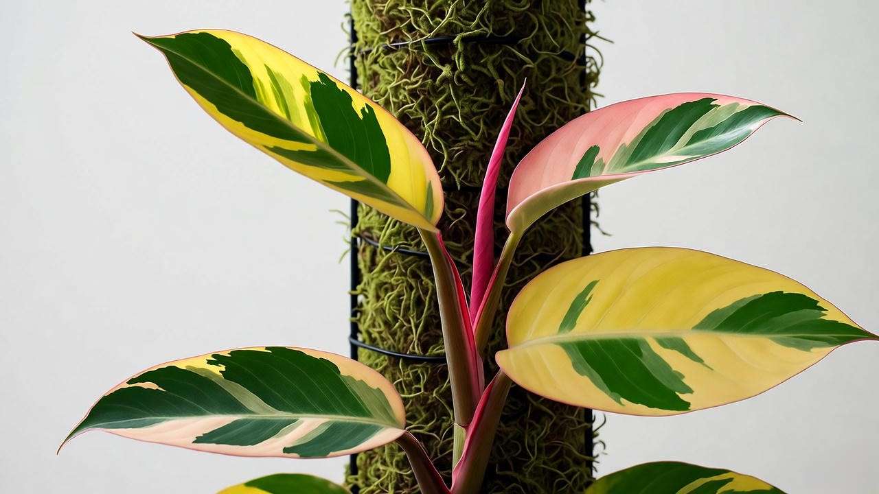 Ring of Fire plant with moss pole in modern living room decor."
