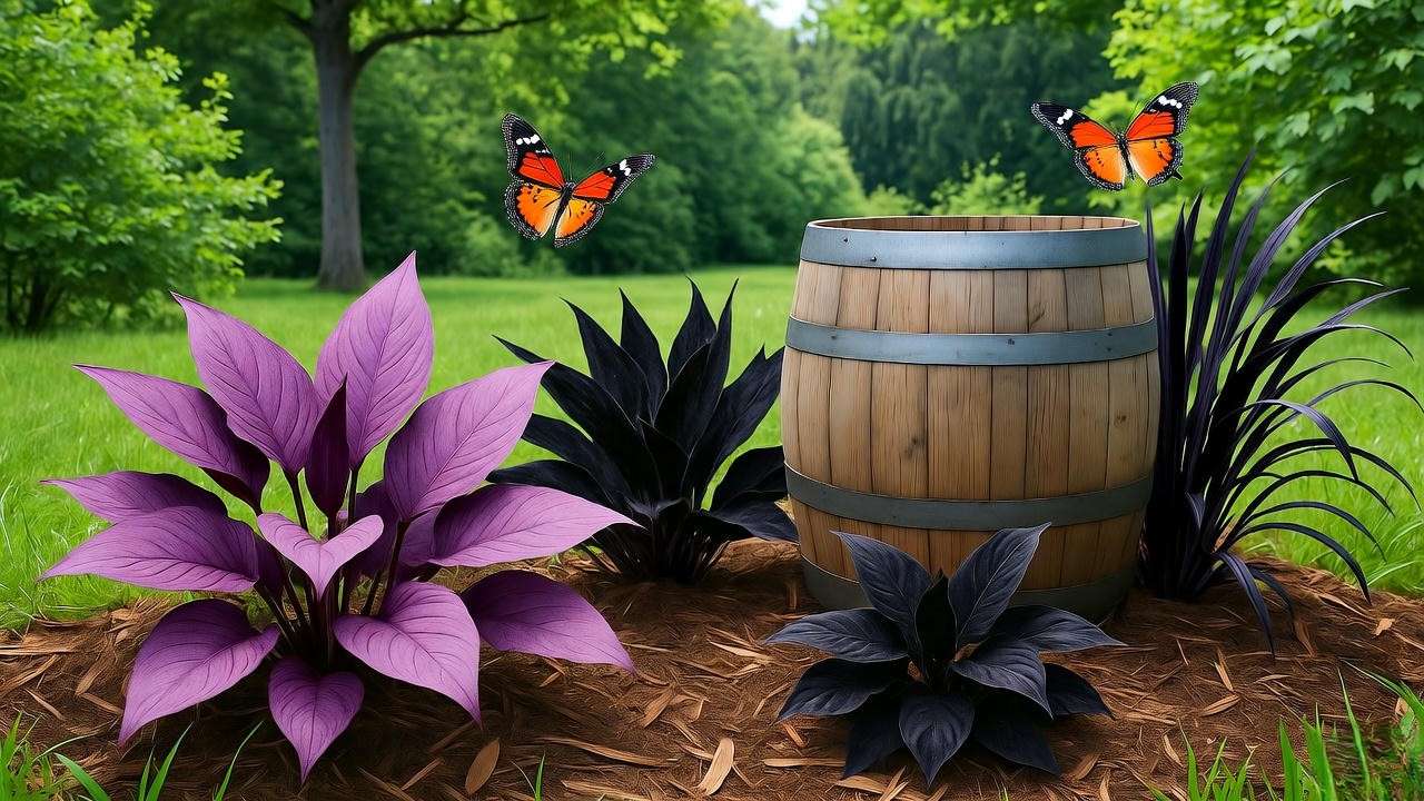Eco-friendly gothic garden with Purple Heart, Black Mondo Grass, and butterflies."