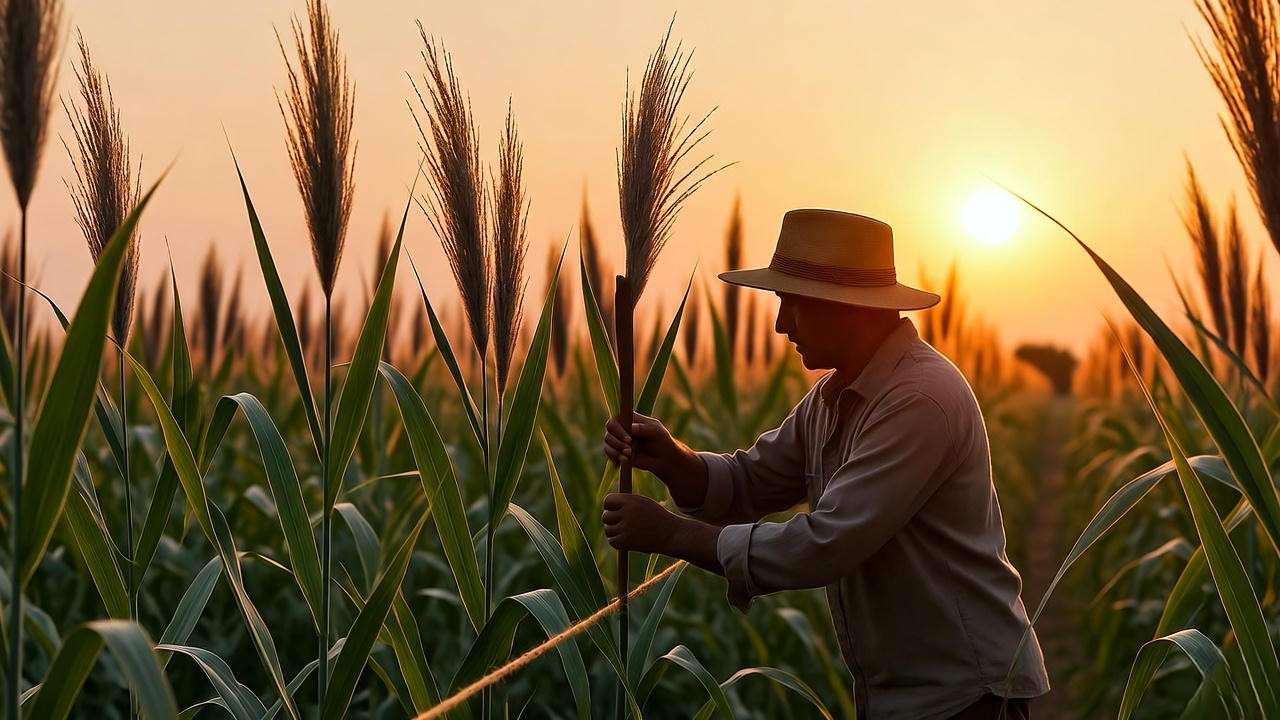 Gardener staking tall broom corn plants with stakes and twine in a field under a golden sunset.