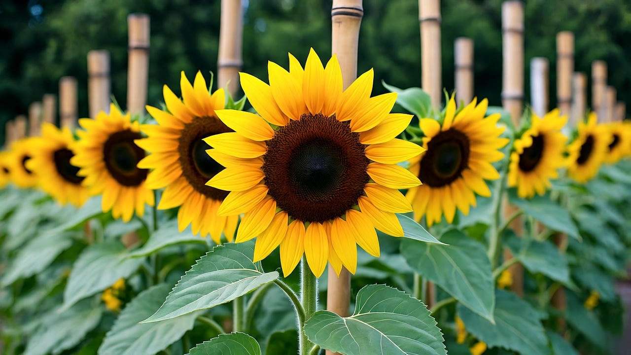 Young black oil sunflowers supported by bamboo stakes in a lush garden."