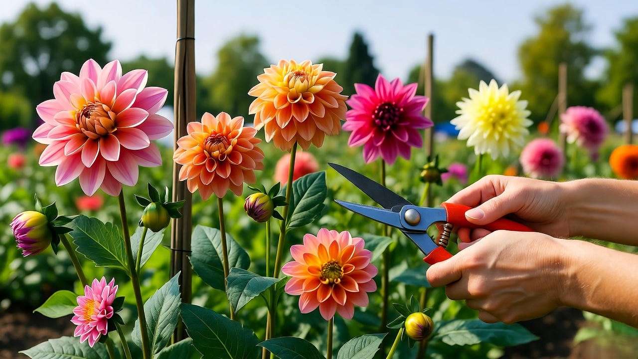 "Gardener pruning dahlias supported by stakes in a vibrant spring garden."
