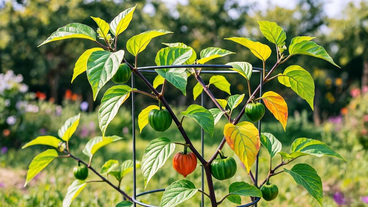 Caged and pruned purple tomatillo plant for support