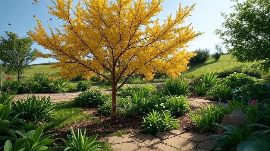 Yellowhorn tree attracting bees and butterflies in garden"