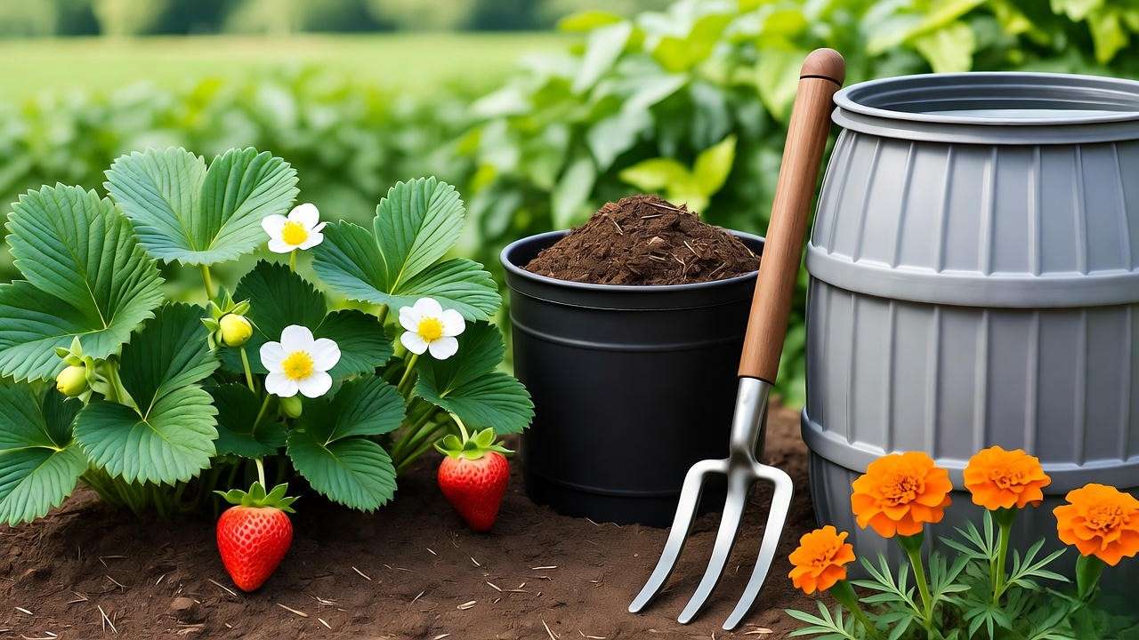 Eco-friendly garden with Seascape strawberries, compost bins, and rainwater barrels."