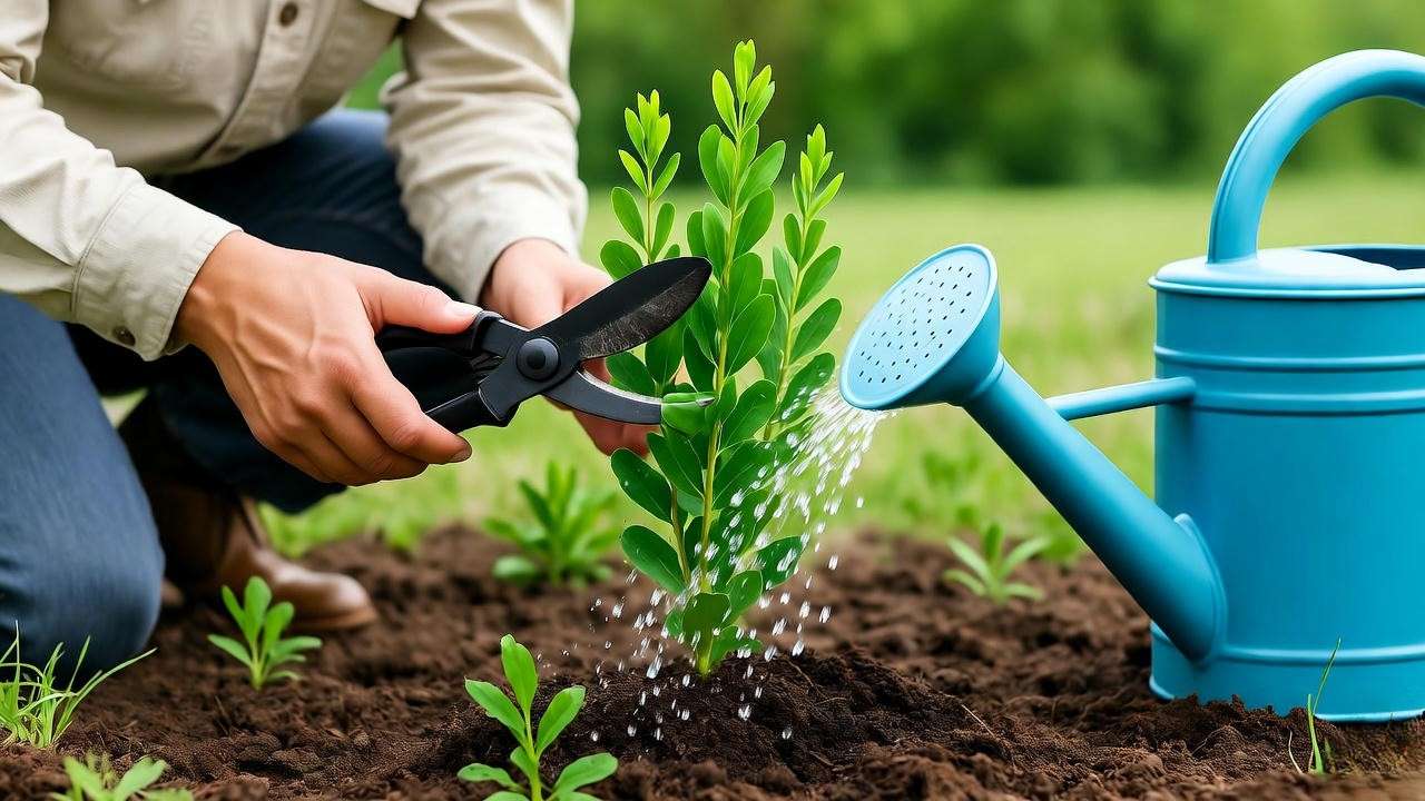 Pruning and watering sweet broom plant for healthy maintenance.
