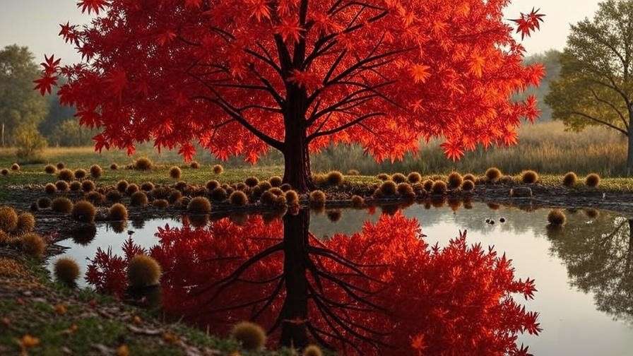 Star-shaped red leaves of a Sweetgum tree reflected in a pond.